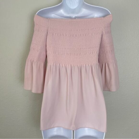 Aritzia Babaton pink smocked off shoulder flare top L - Picture 6 of 10